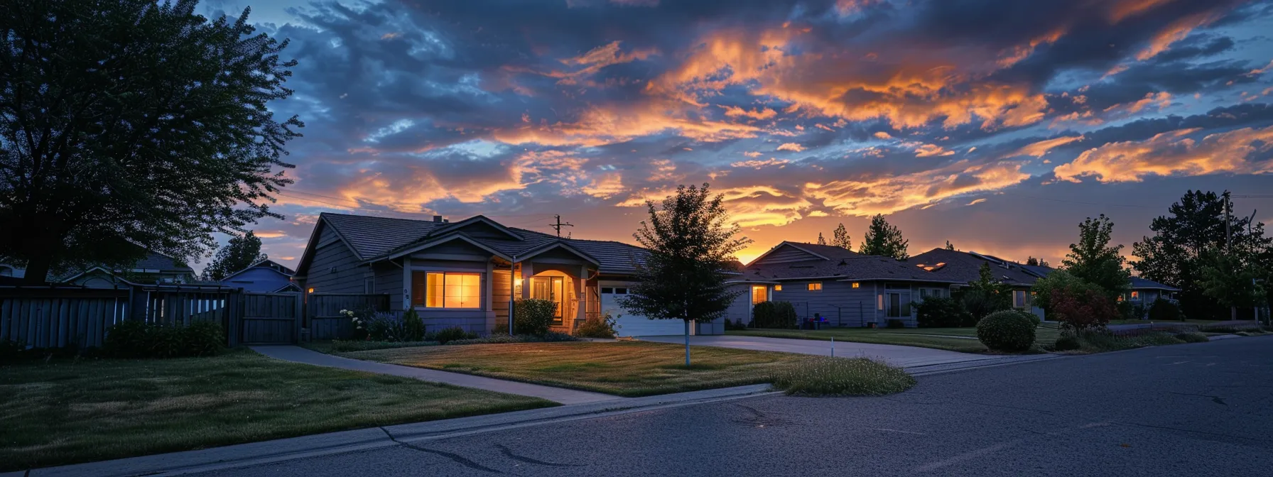a modern suburban home at dusk, radiating warm exterior lighting against a slightly cloudy sky, surrounded by a well-maintained lawn and peaceful neighborhood, embodies the essential reliability of expert residential generator services.