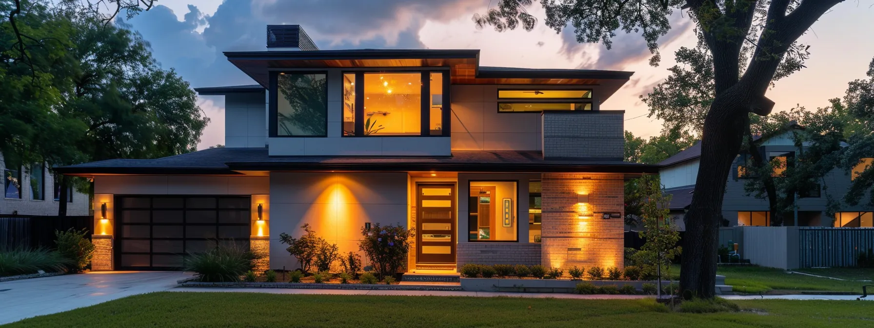 a modern suburban home at dusk, illuminated by warm exterior lights, stands resiliently in a neatly maintained neighborhood as slightly cloudy skies hint at impending storms, symbolizing the critical importance of reliable backup generators for power preparedness.