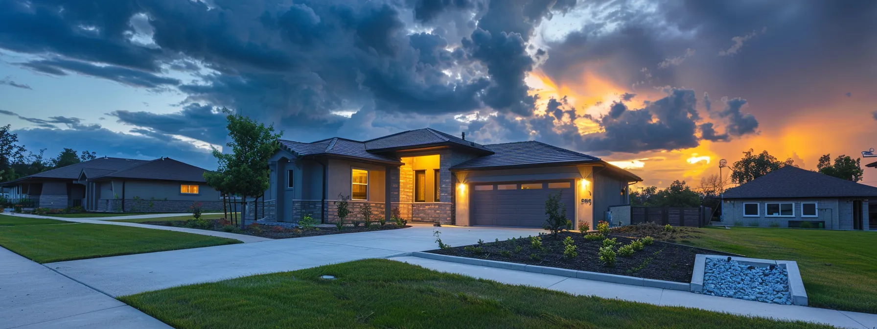 a modern suburban home bathed in warm exterior lighting at dusk, surrounded by a well-maintained lawn and a tranquil neighborhood, subtly hints at the importance of reliable backup power as ominous clouds gather in the sky.