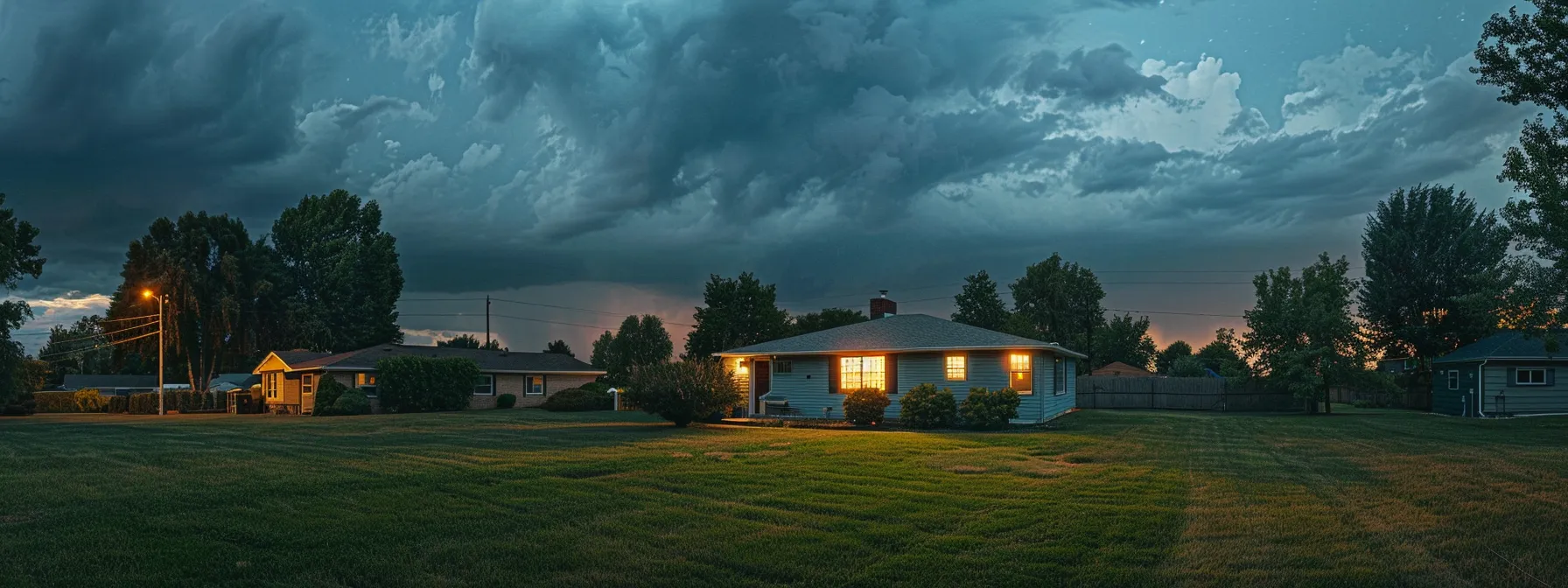 a modern suburban home glows warmly at dusk, surrounded by a neatly maintained lawn and a peaceful neighborhood, with a slightly cloudy sky hinting at impending storms, underscoring the importance of reliable backup power.