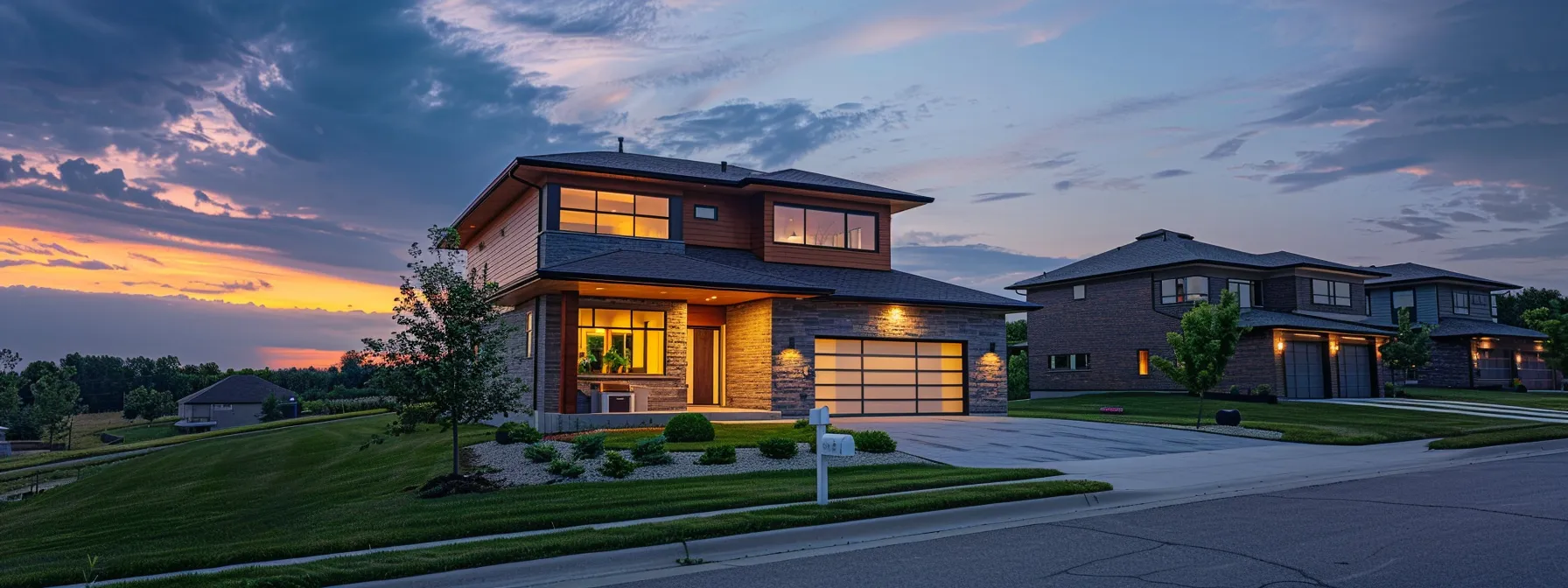a modern suburban home warmly illuminated at dusk, nestled in a peaceful neighborhood with a neatly maintained lawn and a subtle hint of an impending storm in the cloudy sky, emphasizing the critical need for reliable backup power solutions.