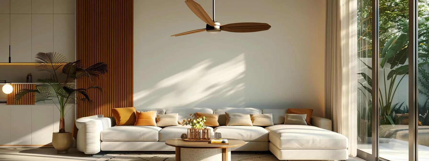 a brightly lit modern living room showcases a sleek, unbalanced ceiling fan slightly tilted above a stylish sofa, drawing attention to the fan's wobble against the minimalist decor.