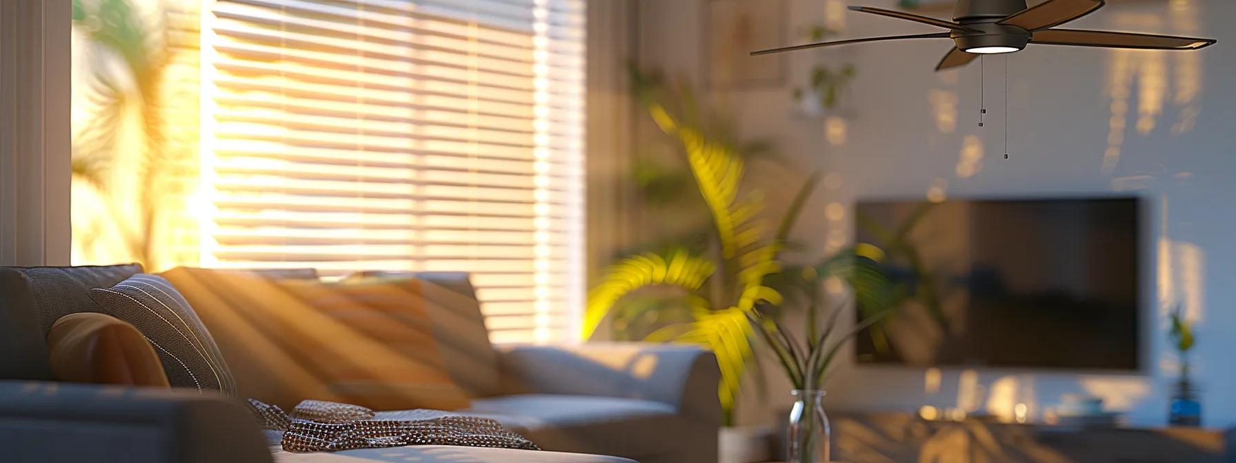 a close-up view of a contemporary living room featuring an ornate ceiling fan, highlighting the source of disturbing clicking and grinding noises, with a focused emphasis on the sleek design and intricate components that suggest wear and potential mechanical failure.