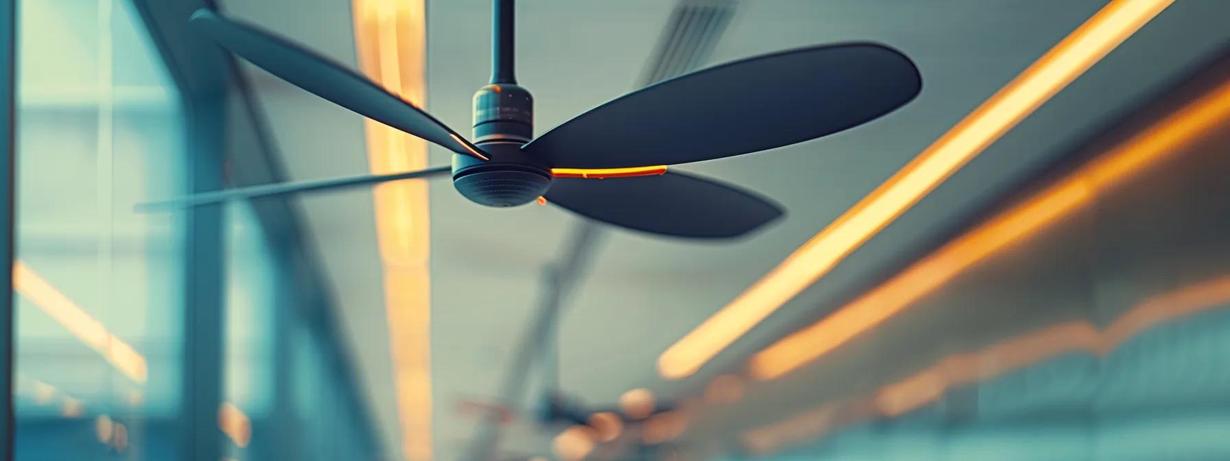 a close-up view of a ceiling fan in an upscale office setting, prominently showcasing the wobbling blades in motion against a sleek modern backdrop, emphasizing the instability and need for maintenance.