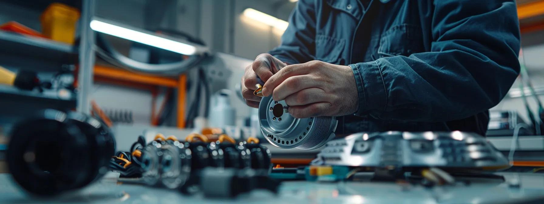 a close-up view of a technician methodically testing a ceiling fan's motor and capacitor with precision equipment in a sleek, modern workshop, highlighting the intricate details of electrical components and diagnostic tools against a backdrop of organized work surfaces.
