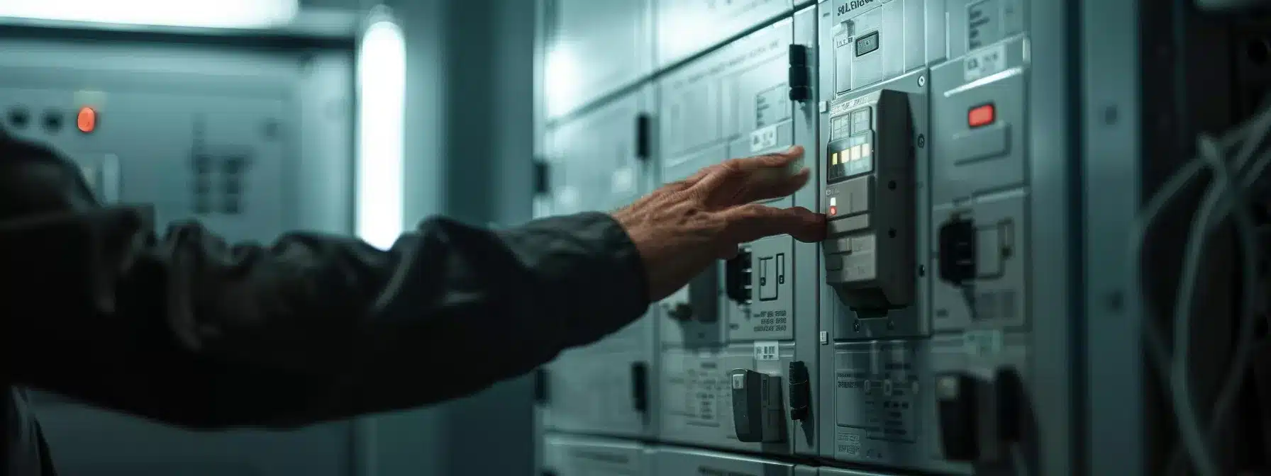 a close-up shot of a clearly labeled circuit breaker panel in a modern utility room, with a visually focused hand reaching toward the reset switch, conveying an atmosphere of safety and confidence in electrical maintenance.