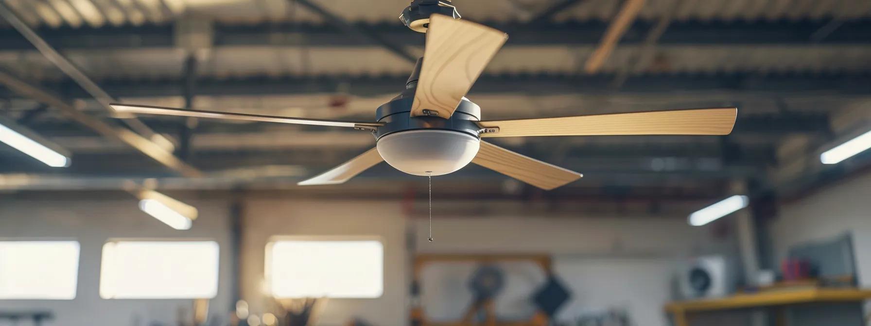 a close-up view of a contemporary ceiling fan in an indoor workshop setting, featuring a small piece of tape attached to each blade, showcasing a hands-on diagnostic test for balancing the fan while surrounded by tools and equipment essential for home maintenance.