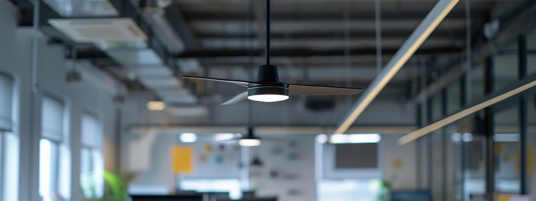 a close-up view of a ceiling fan installation in a modern, well-lit office, showcasing a sturdy mounting bracket with tightening screws, highlighting the importance of secure fittings to prevent imbalance and inefficiency.