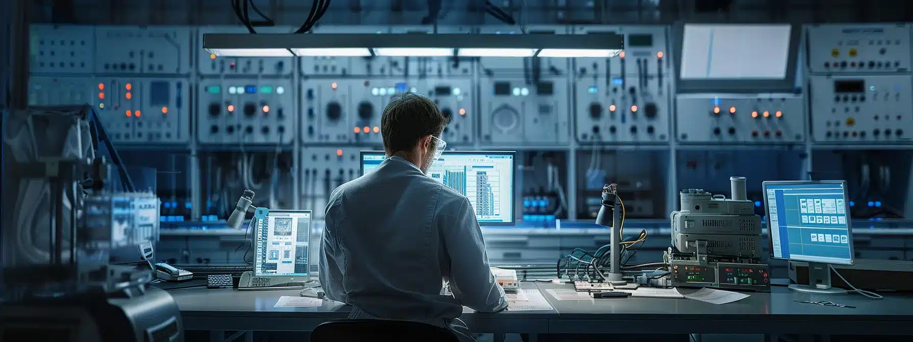 a confident technician conducts a precise circuit breaker timing test in a modern, well-equipped laboratory filled with sophisticated instruments and a clear display screen showcasing real-time measurements.