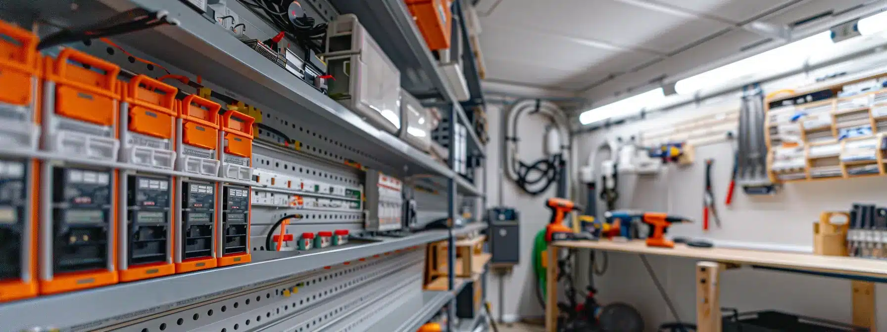 a detailed view of a modern electrical circuit breaker panel in a bright, organized workshop, showcasing a homeowner carefully evaluating and comparing various sleek circuit breakers, with installation tools neatly arranged on a workbench nearby.