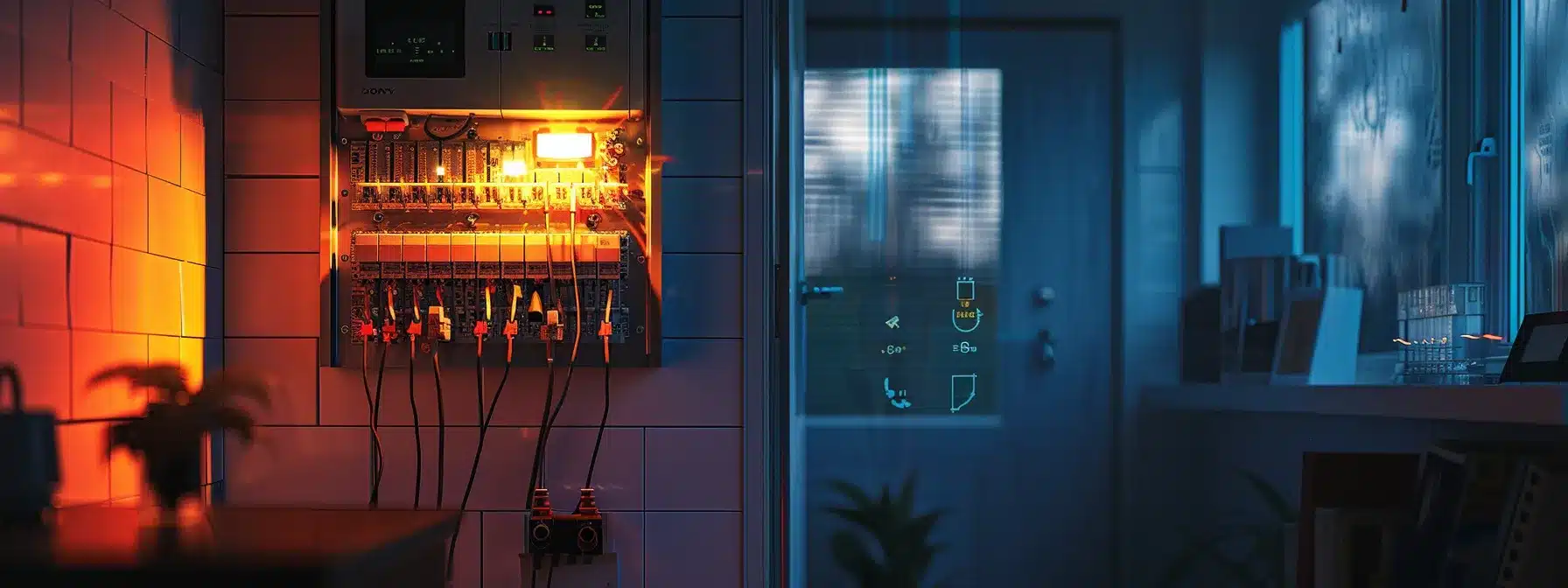 a dimly lit, modern electrical panel in a stylish home, illuminated by a flickering light, showcases a concerned homeowner observing warning signs like sparks and smoke, symbolizing the urgent need for professional electrical assistance.