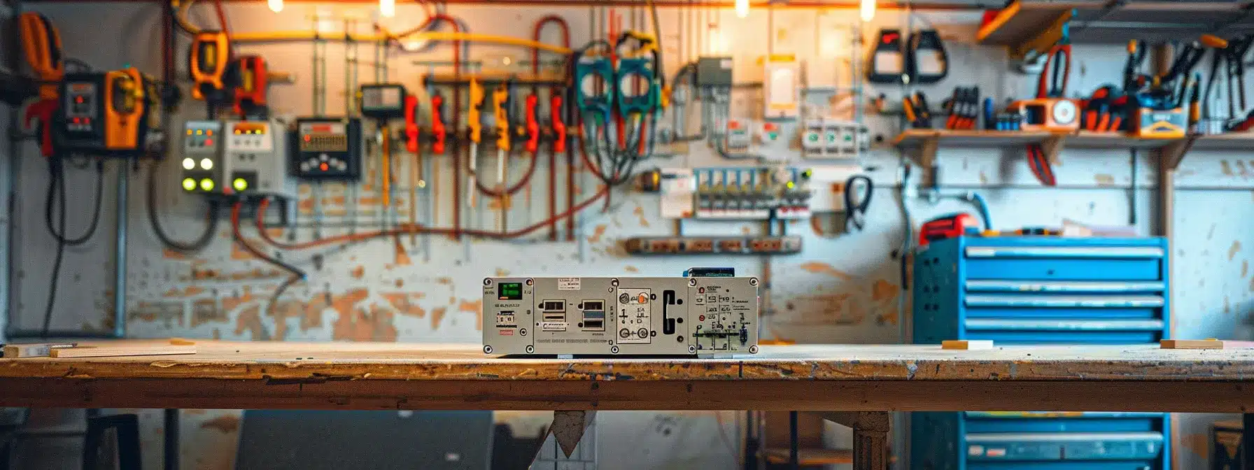 a dynamic, well-lit electrician's workshop showcases a modern circuit breaker on a clean workbench, emphasizing its advanced safety features with tools and electrical diagrams strategically arranged in the background.
