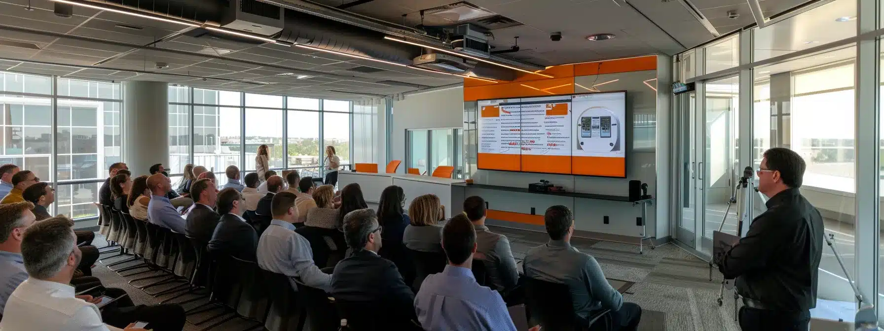 a focused group of professionals engages in a high-tech training session within a modern office, surrounded by digital displays showcasing circuit breaker timing tests and safety protocols, emphasizing the importance of knowledge and safety in electrical environments.