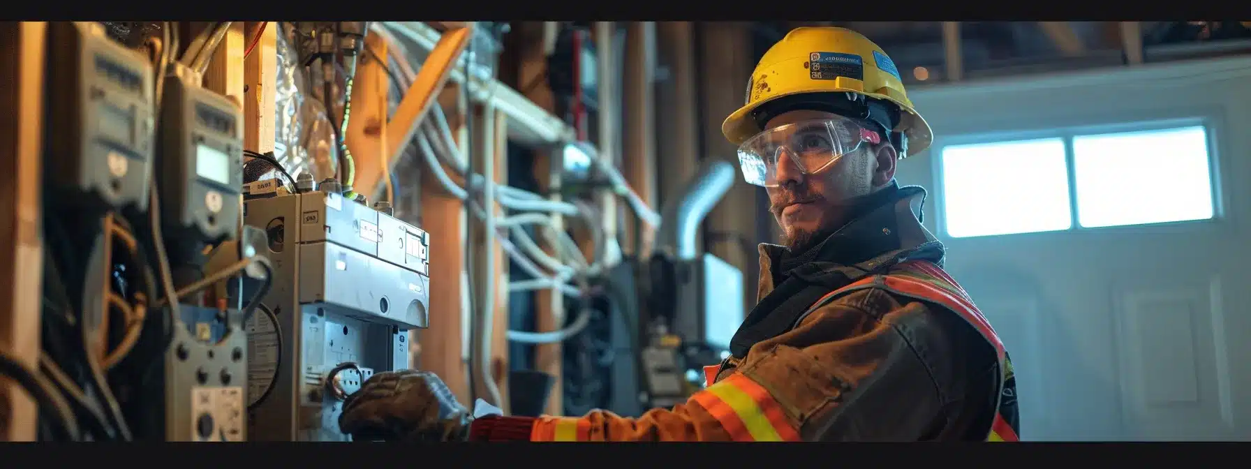 a focused indoor scene captures an electrician in full protective gear, confidently resetting a circuit breaker in a well-organized home utility room, emphasizing safety measures and awareness through visible warning signs and clear workspaces.