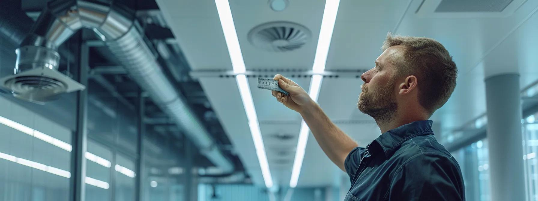 a focused indoor scene showcases a technician meticulously inspecting the alignment of ceiling fan blades, using a tape measure against a modern, minimalist office backdrop, emphasizing the precision required for proper fan balance.