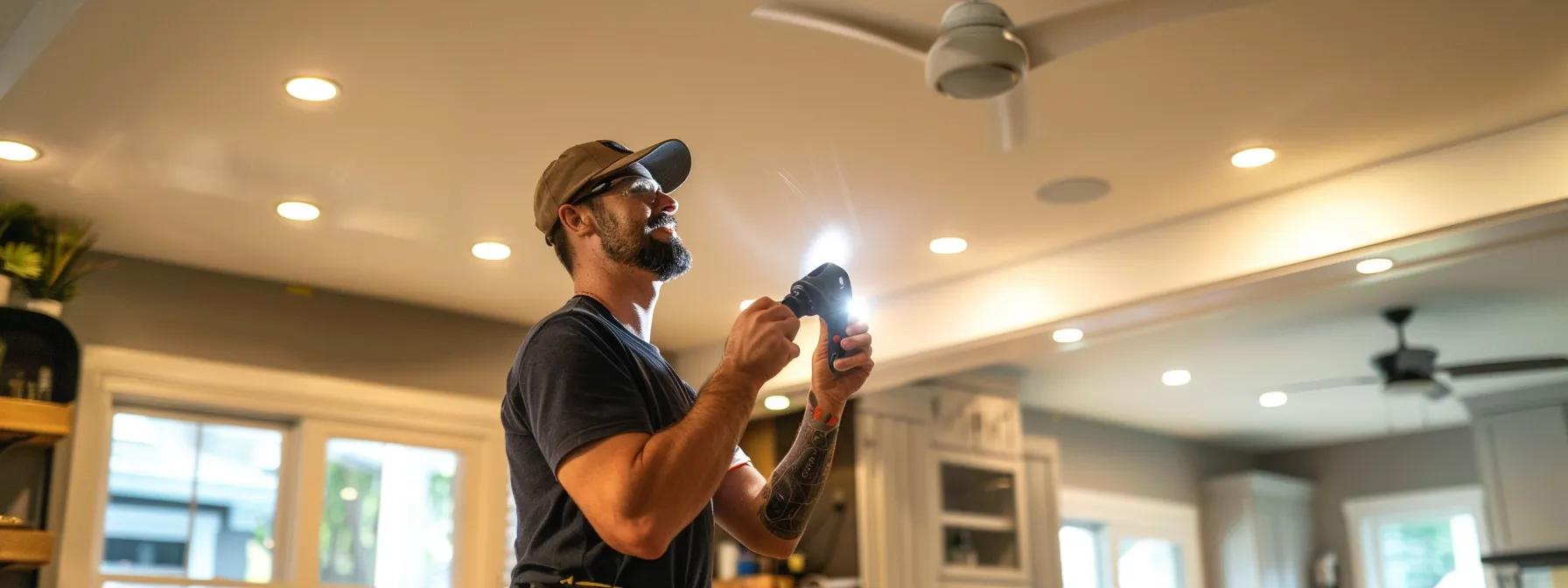 a focused, professional scene features a licensed electrician meticulously inspecting a ceiling fan in a modern, well-lit living room, surrounded by tools and safety equipment, emphasizing the importance of thorough post-installation safety checks.