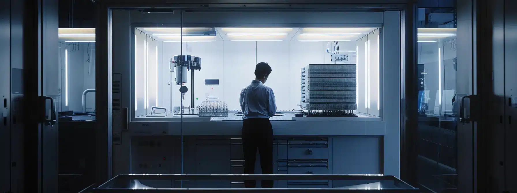 a focused technician analyzes a digital circuit breaker testing device in a sleek, modern lab, illuminated by bright, sterile lighting, highlighting the intricate display as he ensures safety through precise timing assessments.