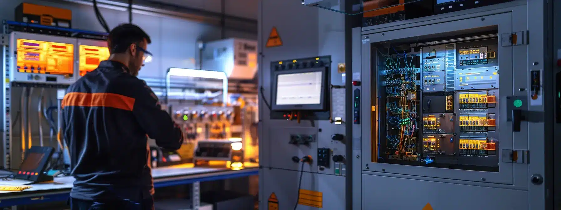 a focused technician in a modern electrical testing lab analyzes circuit breaker timing test results on a sleek digital interface, illuminated by bright artificial lighting that reflects the importance of safety in electrical systems.