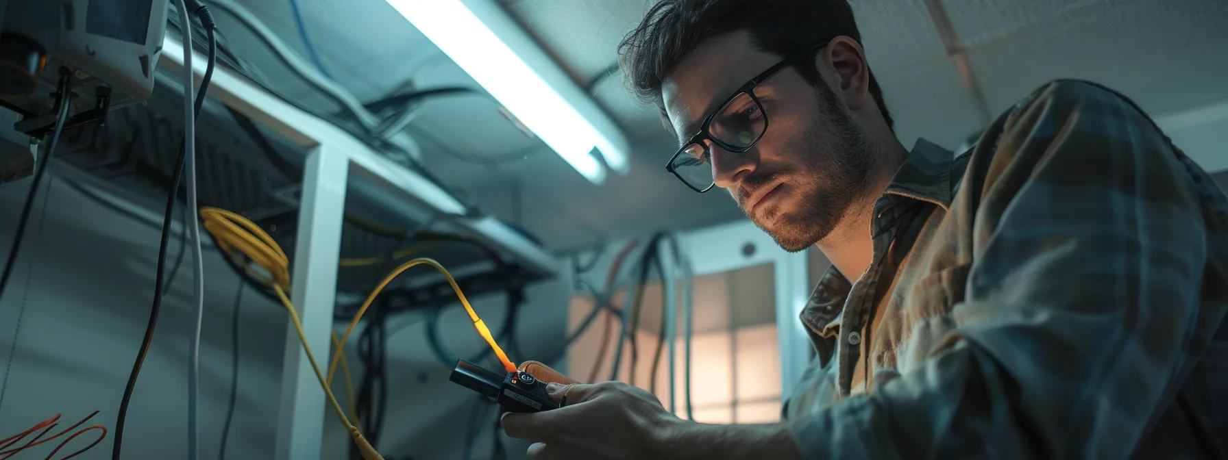 a focused view of a professional electrician in a dimly lit urban office, using a digital multimeter to meticulously test electrical connections on a ceiling fan installation, highlighting the urgency of detecting wiring errors.