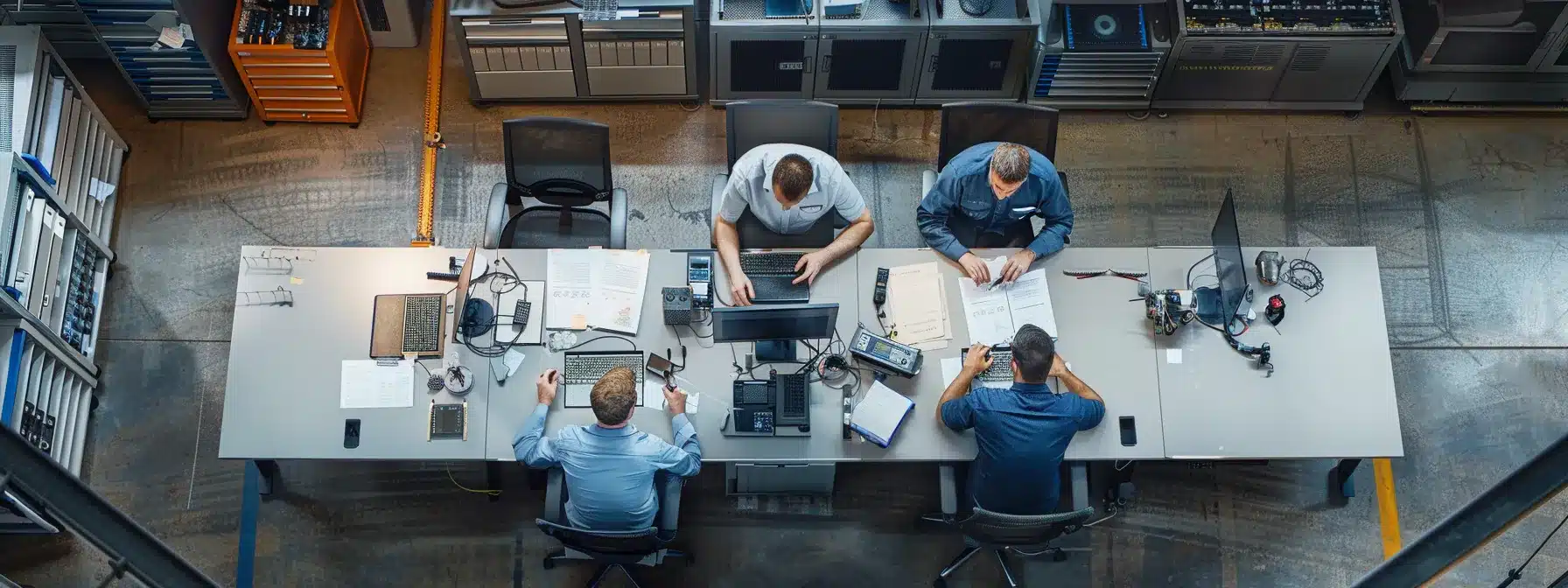 a high-contrast, professional office environment showcases a team of engineers attentively reviewing air circuit breaker operation manuals and safety procedures, donned in safety gear, with tools and equipment organized for efficient maintenance amidst an industrial backdrop.
