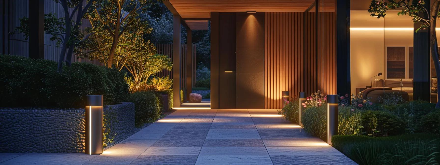 a modern home entrance illuminated by sleek motion-sensor lights casts a warm glow on a clear pathway, showcasing enhanced safety features that ensure secure navigation during nighttime hours.