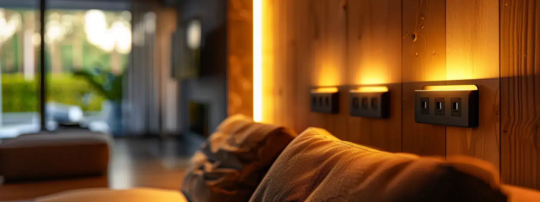 a modern home interior showcases sleek, upgraded circuit breakers prominently mounted on an elegant wall panel, illuminated by warm lighting that highlights their efficiency and sophistication, suggesting a smart investment for energy savings and enhanced property value.