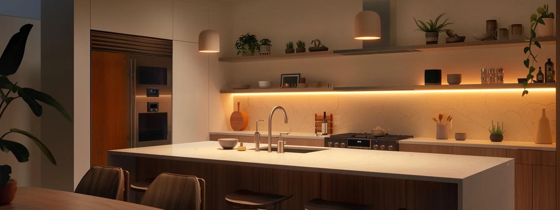 a modern kitchen illuminated by sleek, energy-efficient led fixtures and smart lighting controls, showcasing a homeowner evaluating their retrofitting options in a bright, contemporary setting.