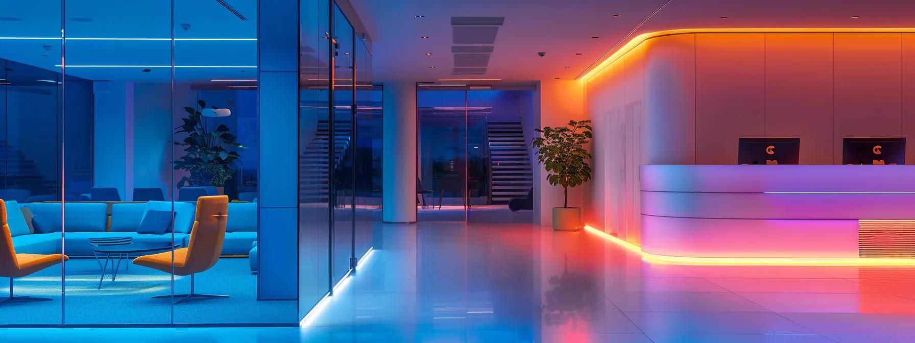 a modern office interior illuminated by sleek, energy-efficient led lights glows with a vibrant ambiance, showcasing the stark contrast between traditional and advanced lighting solutions through a dynamic color palette and innovative design.