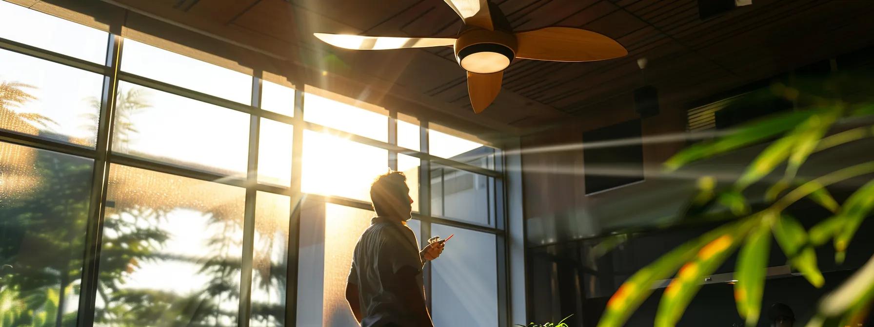 a modern office interior showcases a sleek, unbalanced ceiling fan casting distinct shadows, with a technician examining the motor's health under warm, focused lighting to convey the importance of maintaining performance efficiency.