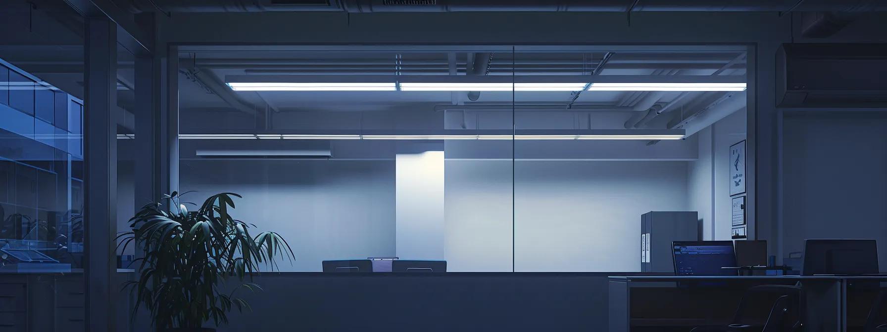 a modern office interior showcases sleek led retrofit lamps illuminating a workspace, emphasizing energy efficiency and advanced lighting control systems with a clean, professional aesthetic.
