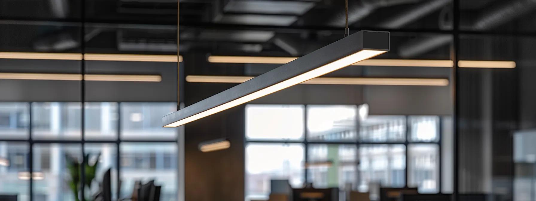 a modern office space featuring sleek led lighting, showcasing a clean and efficient workspace with minimal waste, emphasizing the benefits of long-lasting, energy-efficient retrofitting solutions that enhance resource optimization.