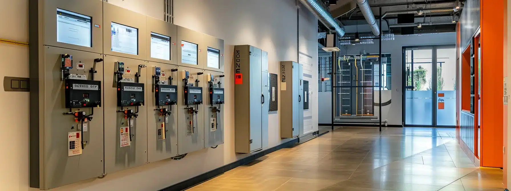 a modern office with sleek, high-tech air circuit breakers prominently displayed on a clean wall, surrounded by visuals of regulatory compliance standards, emphasizing the importance of electrical safety and industry adherence.