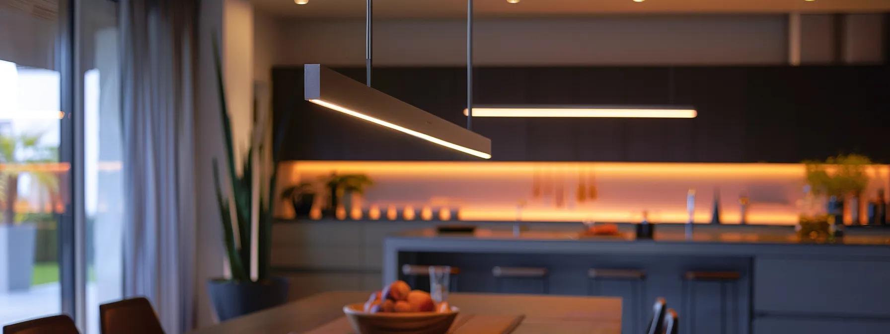 a modern urban home interior showcases sleek led light fixtures illuminating a stylish living space, emphasizing the dramatic contrast between energy-efficient technology and traditional lighting, symbolizing a commitment to environmental sustainability.