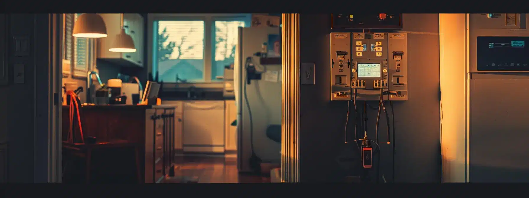 a modern, well-lit home office setting showcases an open electric service panel with a clearly identified tripped circuit breaker, while appliances in the background are turned off, emphasizing a methodical approach to safely resetting the electrical system.