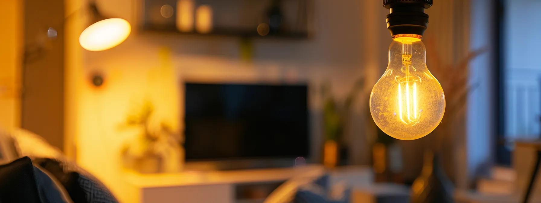 a modern, well-lit home interior showcases sleek led light fixtures illuminating an elegant living space, emphasizing the contrast in energy costs with traditional bulbs, while a digital display highlights potential savings prominently in the background.