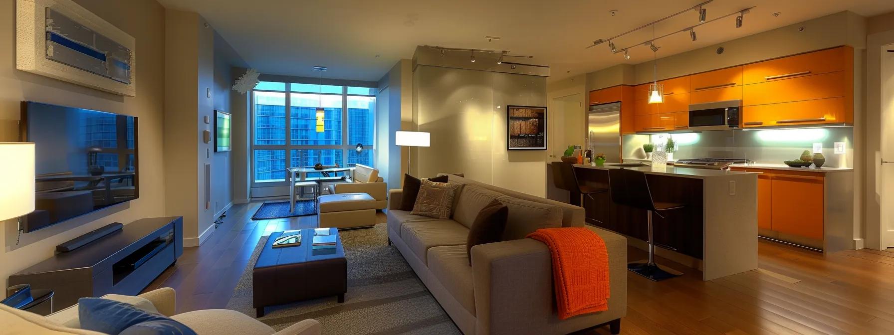 a modern, well-lit urban apartment showcases sleek, energy-efficient led fixtures illuminating stylish interiors, emphasizing the property’s contemporary appeal to eco-conscious buyers.