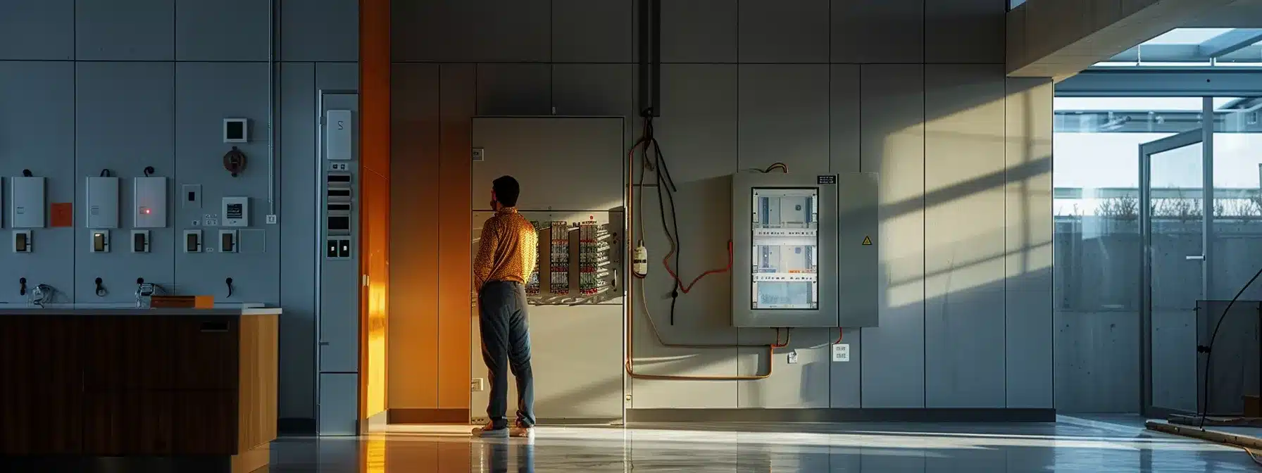 a modern, well-lit office setting showcases an electrician inspecting a sleek, new circuit breaker panel, highlighting the contrast between outdated and upgraded technology while emphasizing safety and efficiency in electrical systems.