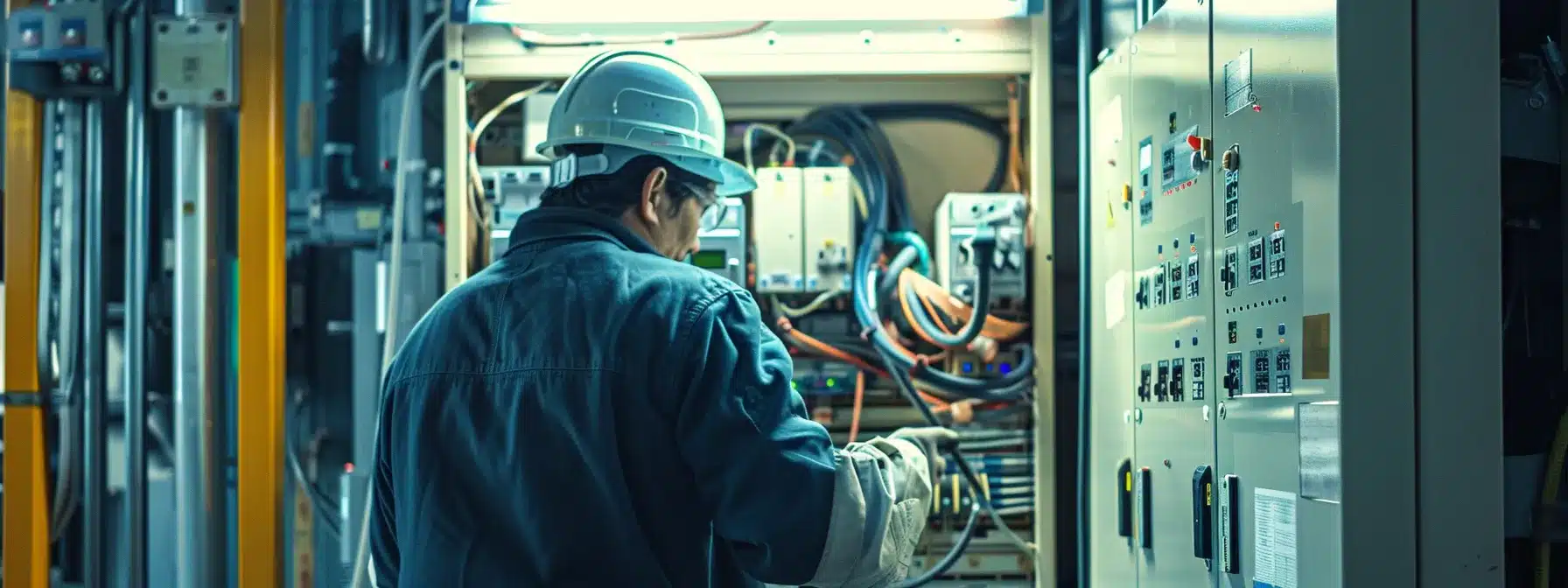 a sharp, focused image of an urban electrical maintenance room, featuring an open circuit breaker panel with tools neatly arranged nearby, highlighting a technician scrutinizing the panel for signs of electrical issues like flickering indicators and malfunctioning wiring.