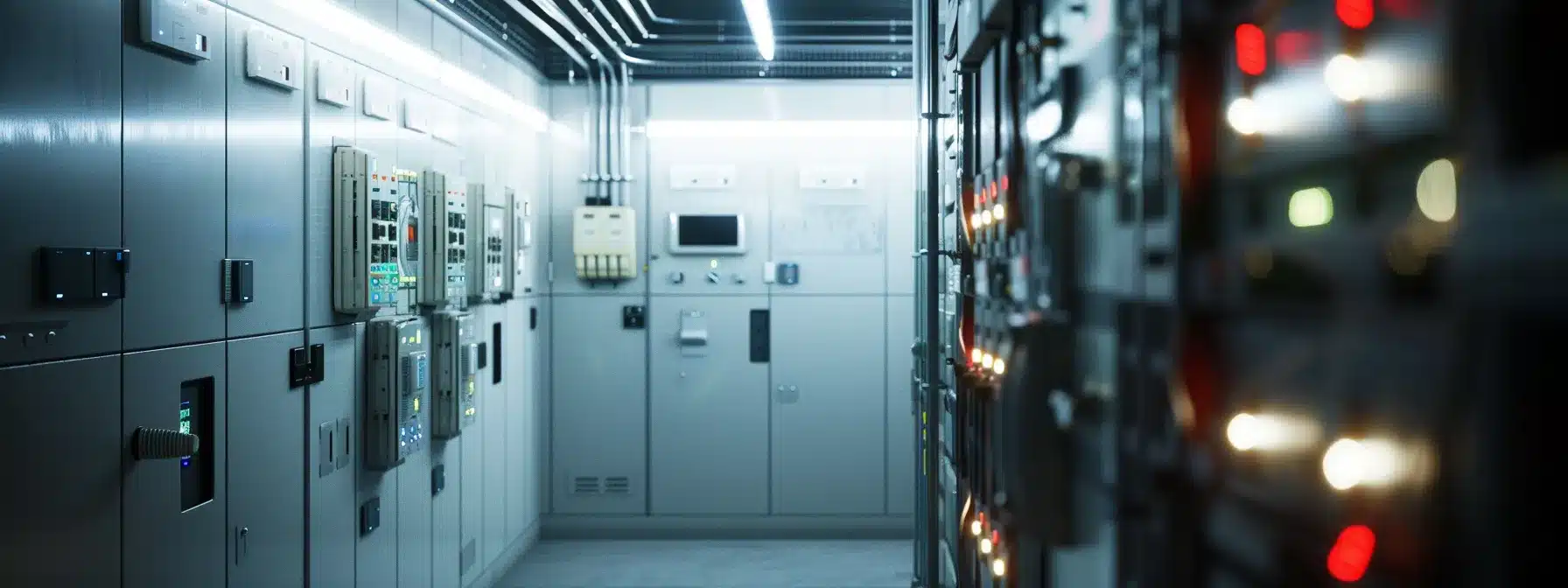 a sleek, modern electrical panel with state-of-the-art circuit breakers prominently displayed, illuminated by cool, white office lighting, conveying a sense of advanced technology and safety in a contemporary home setting.