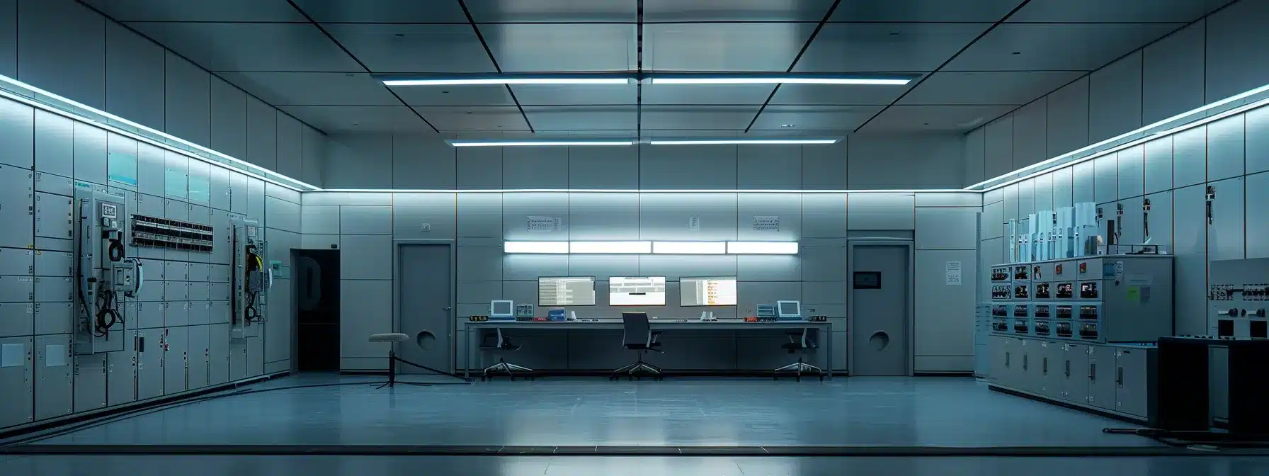 a sleek, modern electrical testing room showcases an array of upgraded air circuit breakers illuminated by bright overhead lights, emphasizing the high-tech environment and a focus on enhanced functionality and safety.