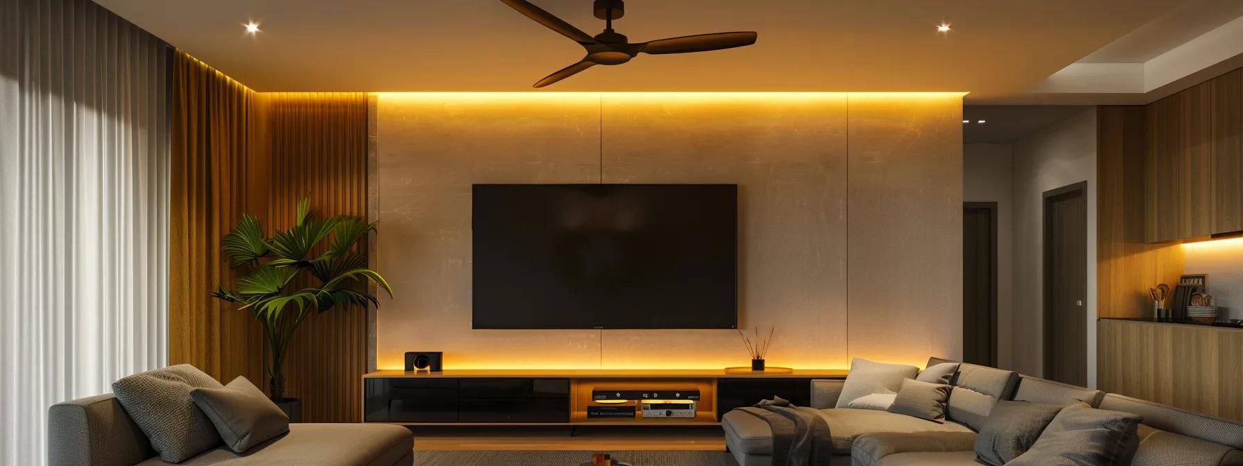 a sleek, modern living room featuring a beautifully installed ceiling fan with a minimalist design, showcasing a sound level monitor displaying optimal noise levels below 40 decibels, illuminated by soft, ambient lighting that enhances the serene atmosphere.