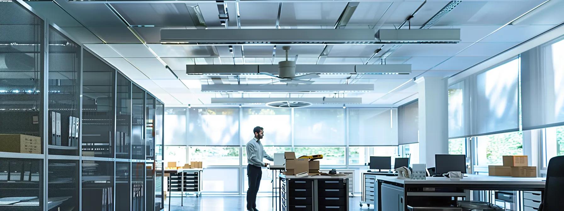 a sleek, modern office environment showcases a licensed electrician examining a ceiling fan, surrounded by diagnostic tools and equipment, reflecting professionalism and expertise in electrical safety and functionality.