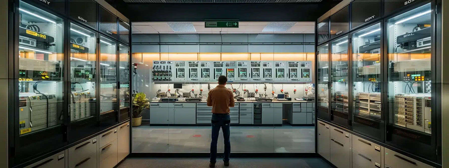 a sleek, modern office environment showcases an engineer intently analyzing performance data on a digital display, surrounded by sophisticated air circuit breakers and high-tech testing equipment, emphasizing the importance of optimizing electrical system safety and efficiency.