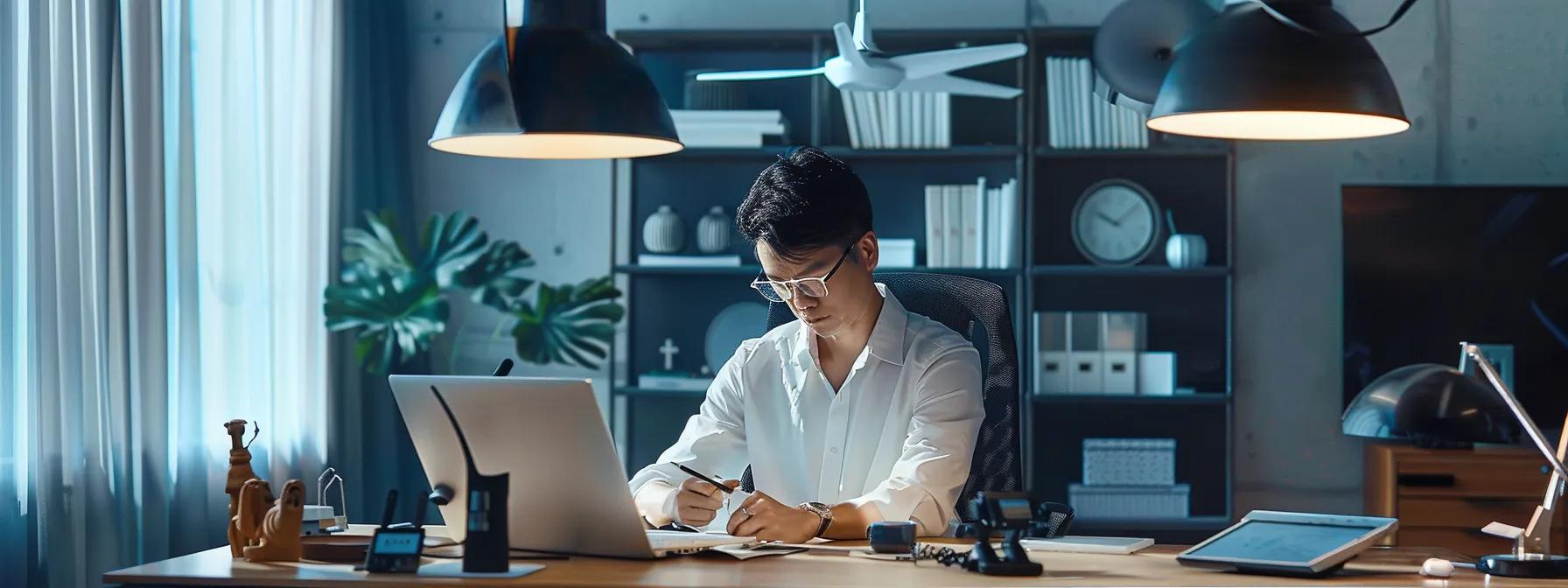 a sleek, modern office setting showcases a technician meticulously inspecting a stylish ceiling fan, with various remote controls and dimmer switches displayed prominently on a polished desk, emphasizing attention to operational efficiency and smart home technology.