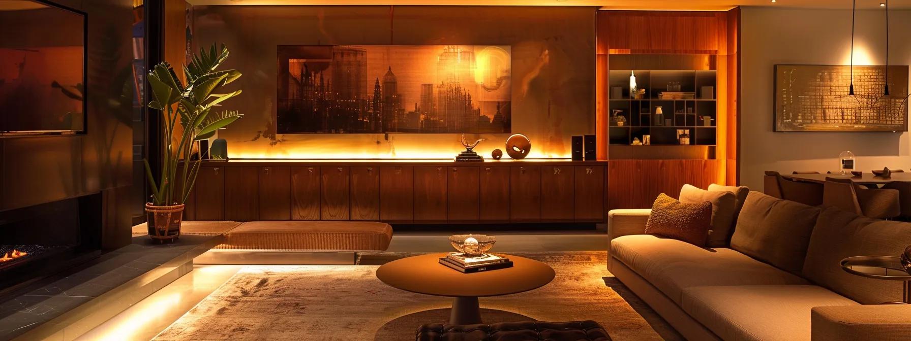 a stylish, modern living room illuminated by customizable smart lighting, showcasing a warm and inviting ambiance that highlights the sleek furniture and decor, emphasizing the transformative impact of retrofitting on home comfort and aesthetics.