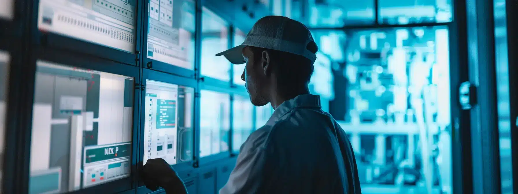 a technician intently examines a digital display of circuit breaker timing test results in a sleek, modern office equipped with safety compliance charts and analytical tools, highlighting the critical nature of electrical system assessments.