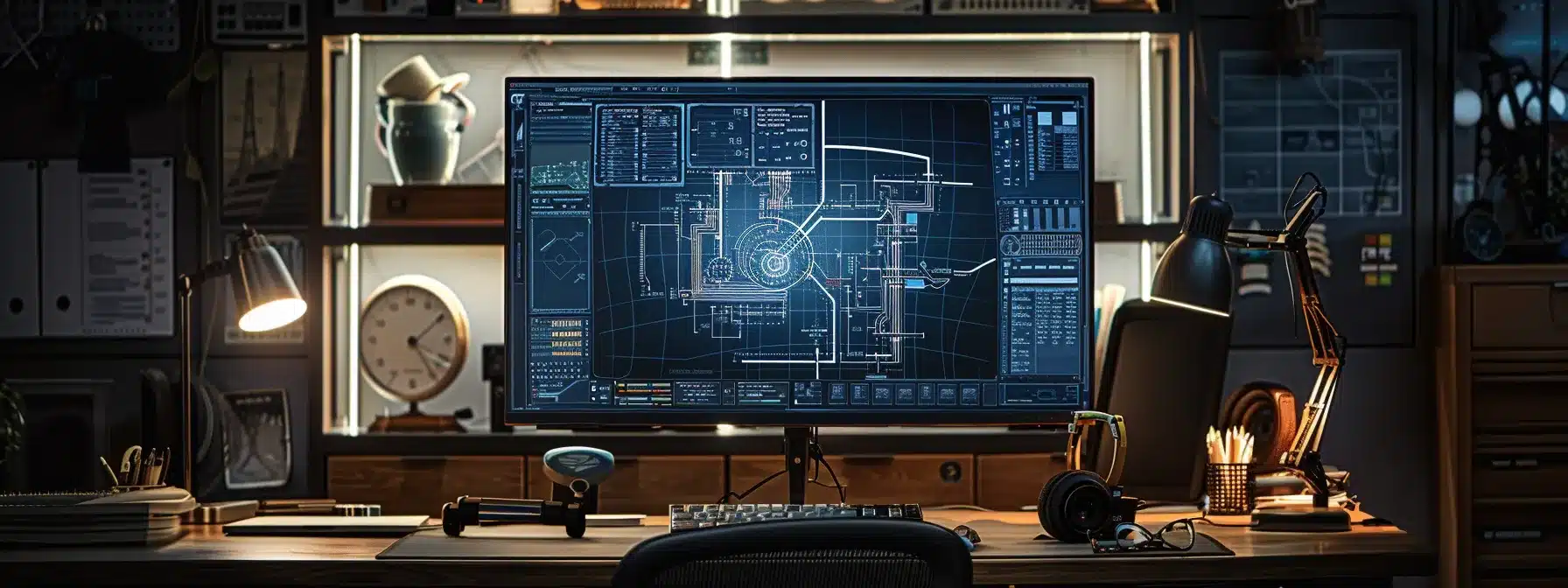 a well-lit, modern home office with an organized desk featuring a digital circuit diagram on a sleek monitor, emphasizing safety tools and guidelines for electrical maintenance.
