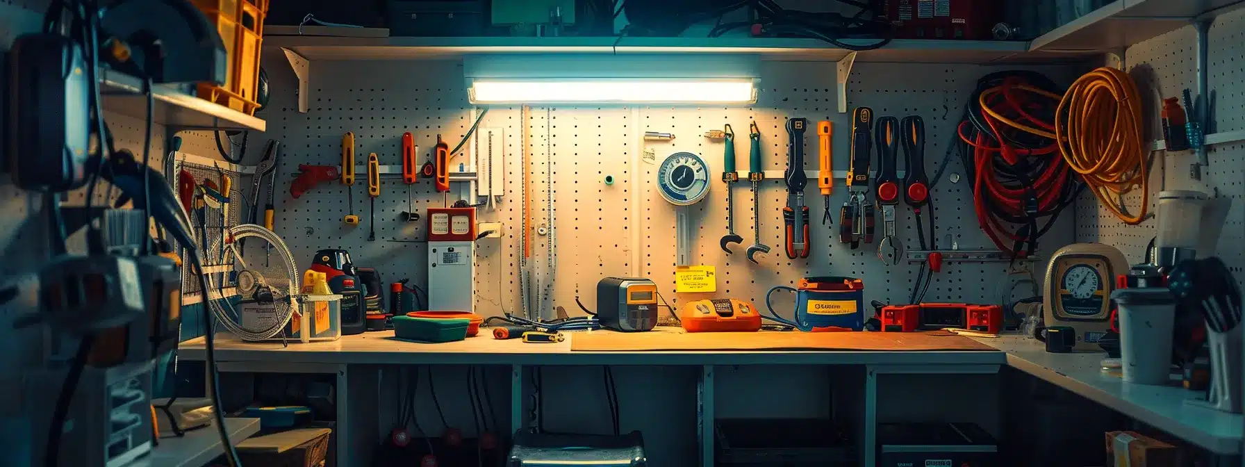 a well-organized utility room is illuminated by a bright flashlight, showcasing an array of essential tools like a multimeter and insulated screwdriver, emphasizing the meticulous preparation needed for safely resetting circuit breakers.