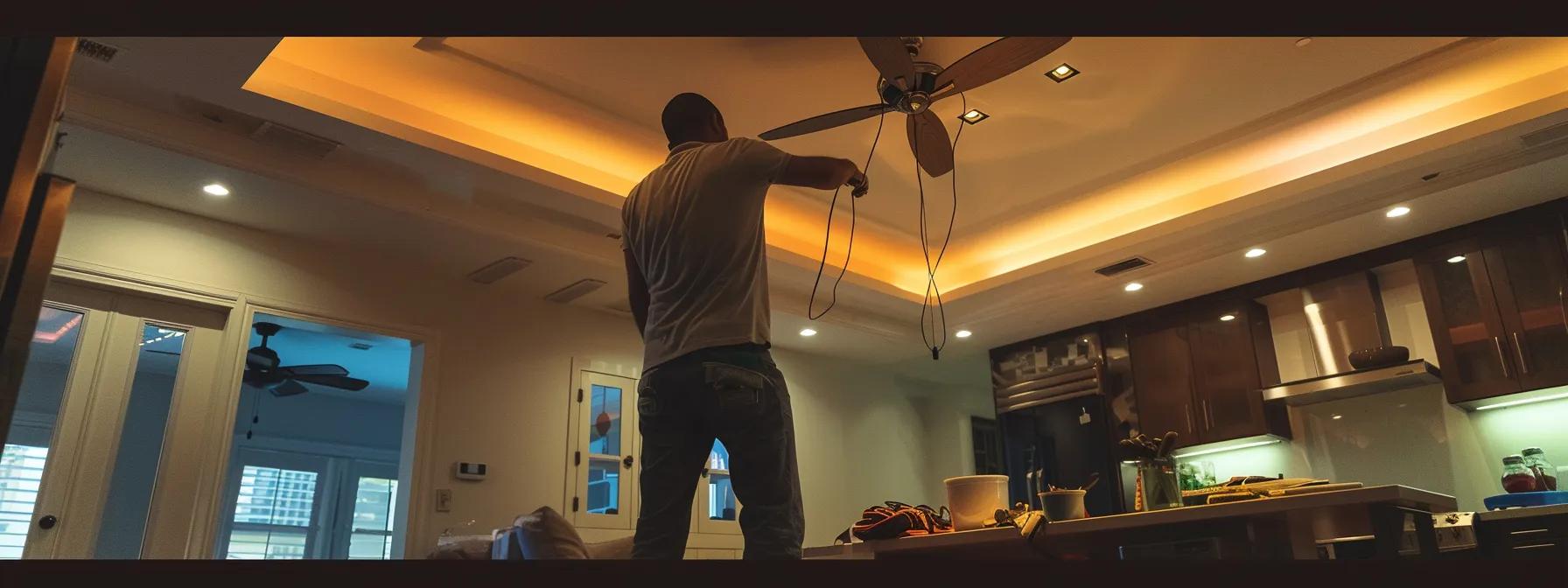 a well-lit modern home interior showcases a skilled electrician meticulously inspecting the installation of a ceiling fan, with a focus on the intricate wiring and securely fastened mounting bracket against a backdrop of stylish decor.