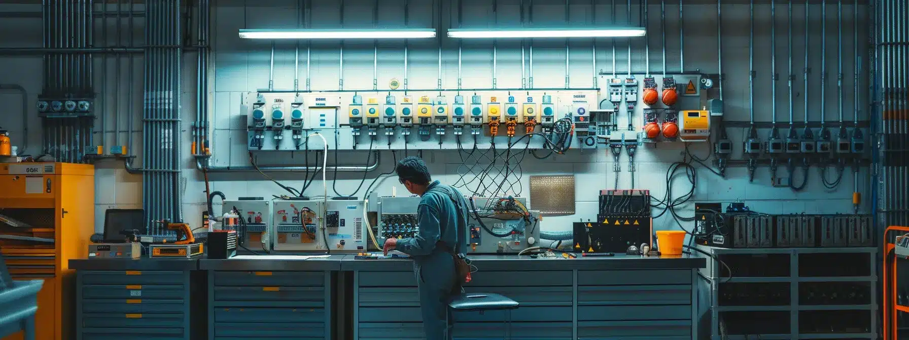 a well-lit, modern industrial workspace displays a focused technician meticulously inspecting an air circuit breaker on a clean, organized workbench, surrounded by essential maintenance tools and testing equipment, emphasizing the theme of electrical safety and reliability.